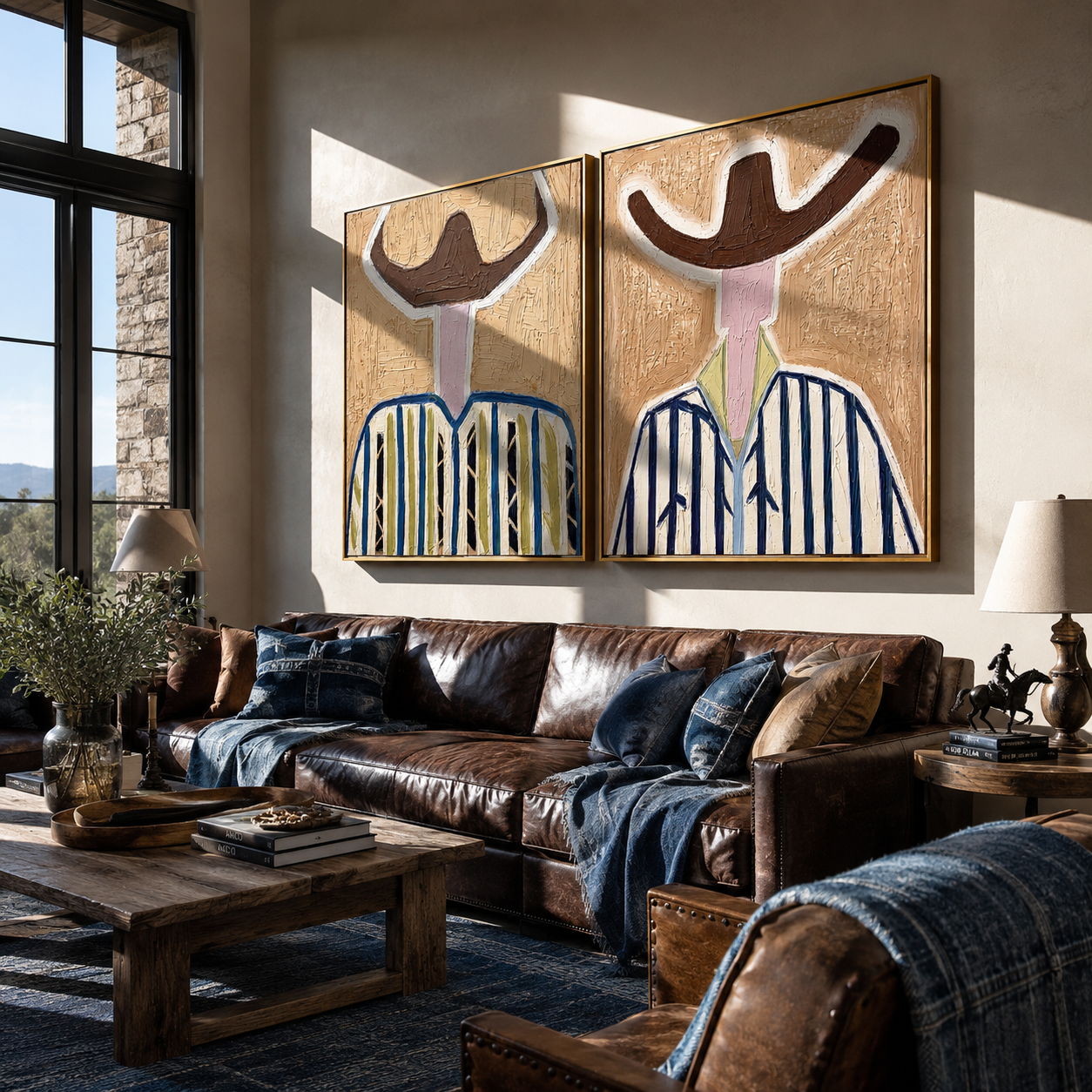 White Brims Cut Blue paired wall art styled above modern furniture