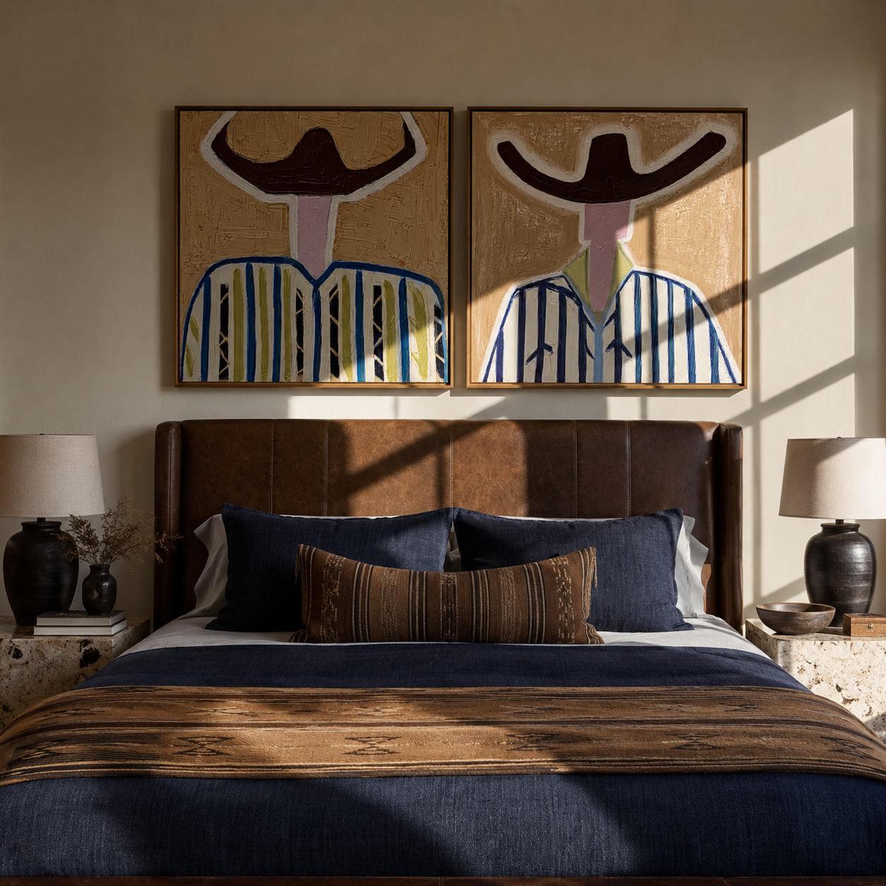 White Brims Cut Blue diptych presented with natural materials and decor
