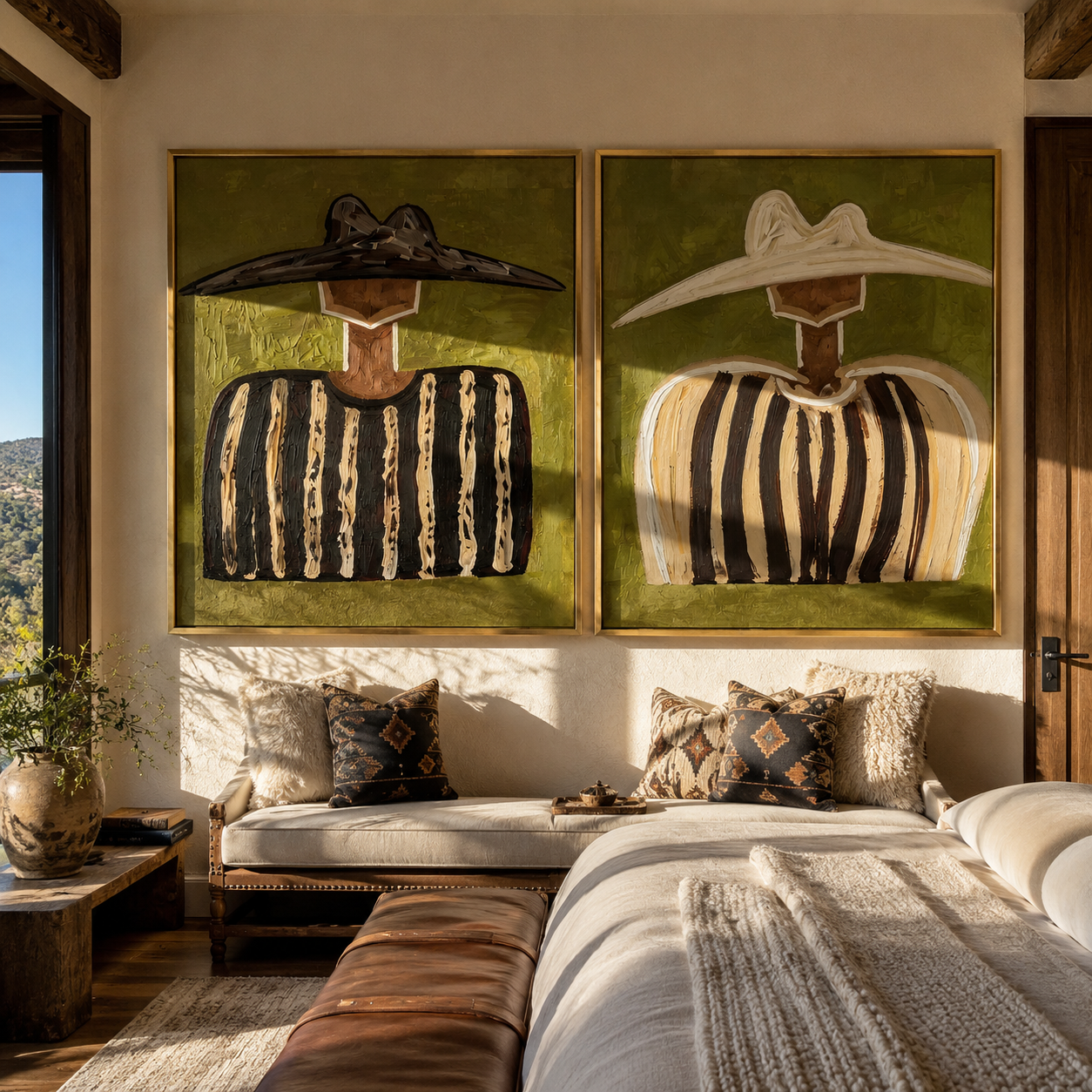 Dark Hats Hold Texture Western diptych displayed in a contemporary interior