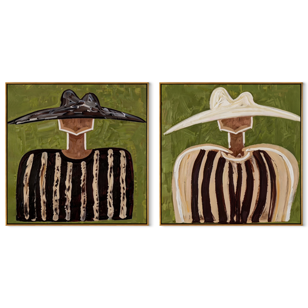 Dark Hats Hold Texture – black Western Portrait Diptych Painting | Modern Vintage Americana Set of 2 Wall Art