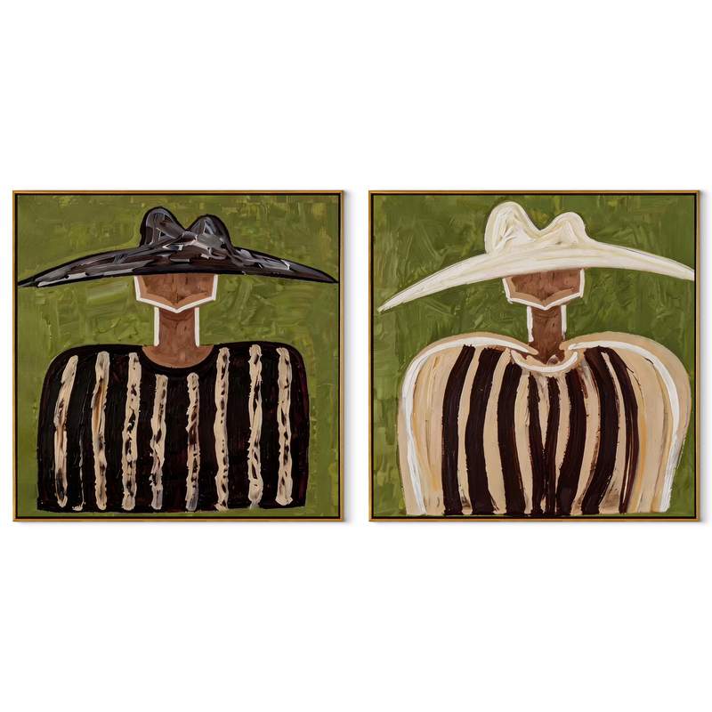 Dark Hats Hold Texture – black Western Portrait Diptych Painting | Modern Vintage Americana Set of 2 Wall Art