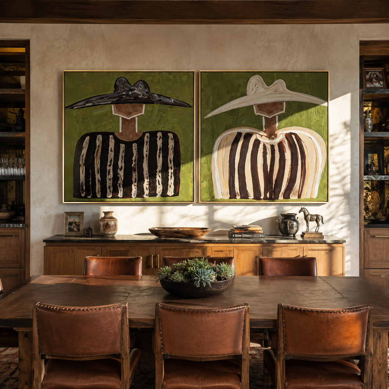 Dark Hats Hold Texture diptych presented with natural materials and decor