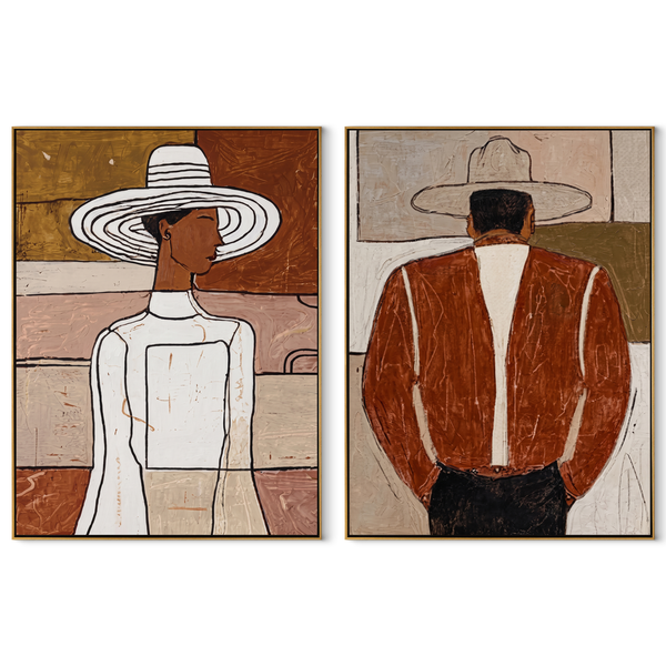 Two Figures Dress Apart – white Western Portrait Diptych Painting | Modern Vintage Americana Set of 2 Wall Art