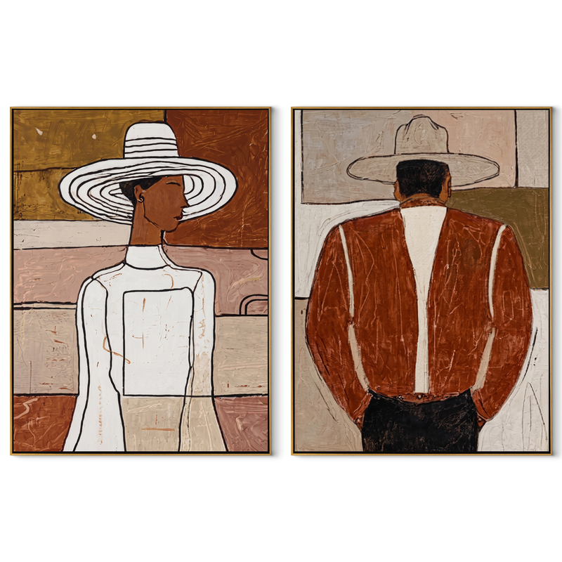 Two Figures Dress Apart – white Western Portrait Diptych Painting | Modern Vintage Americana Set of 2 Wall Art