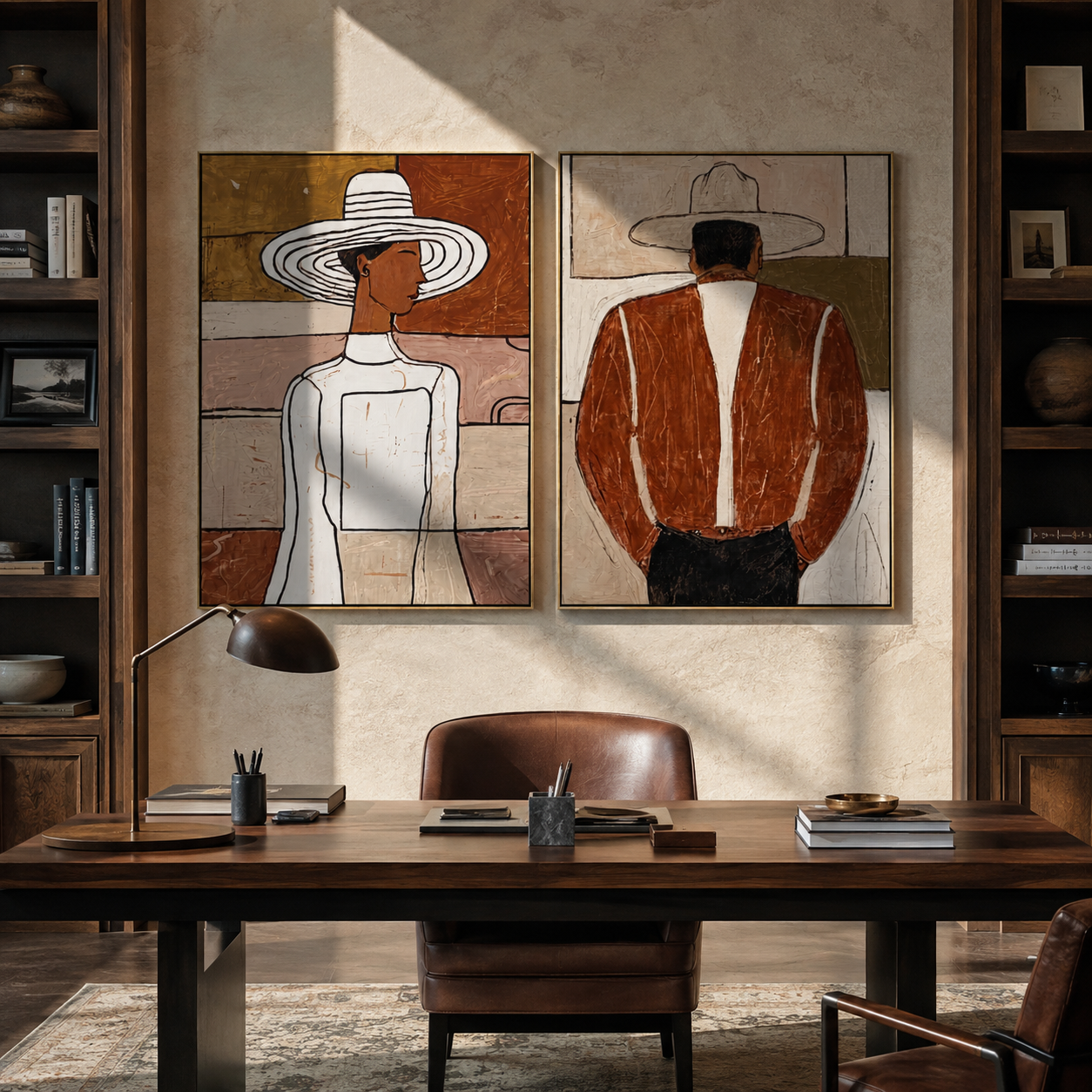 Two Figures Dress Apart paired wall art styled above modern furniture
