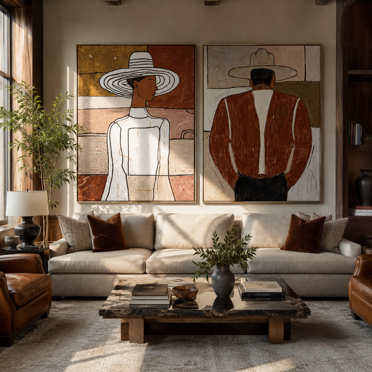 Two Figures Dress Apart two-panel Western artwork with layered color