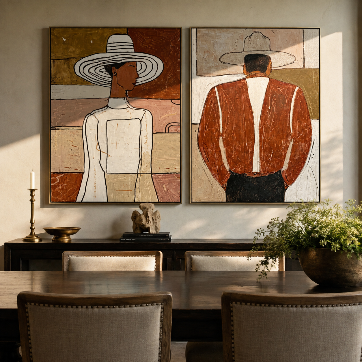 Two Figures Dress Apart diptych presented with natural materials and decor