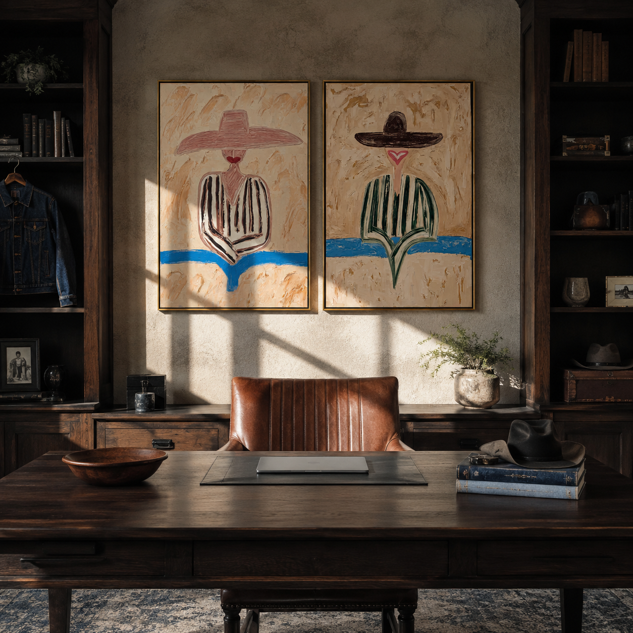 Flower Figures Meet Horizon Western diptych displayed in a contemporary interior