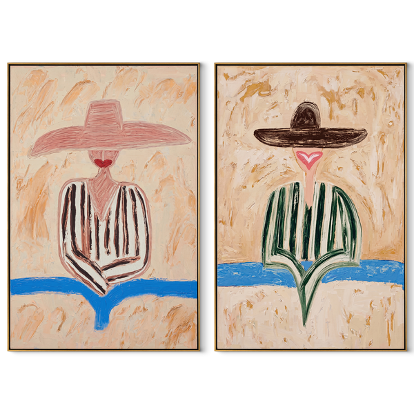 Flower Figures Meet Horizon – pink Western Portrait Diptych Painting | Modern Vintage Americana Set of 2 Wall Art