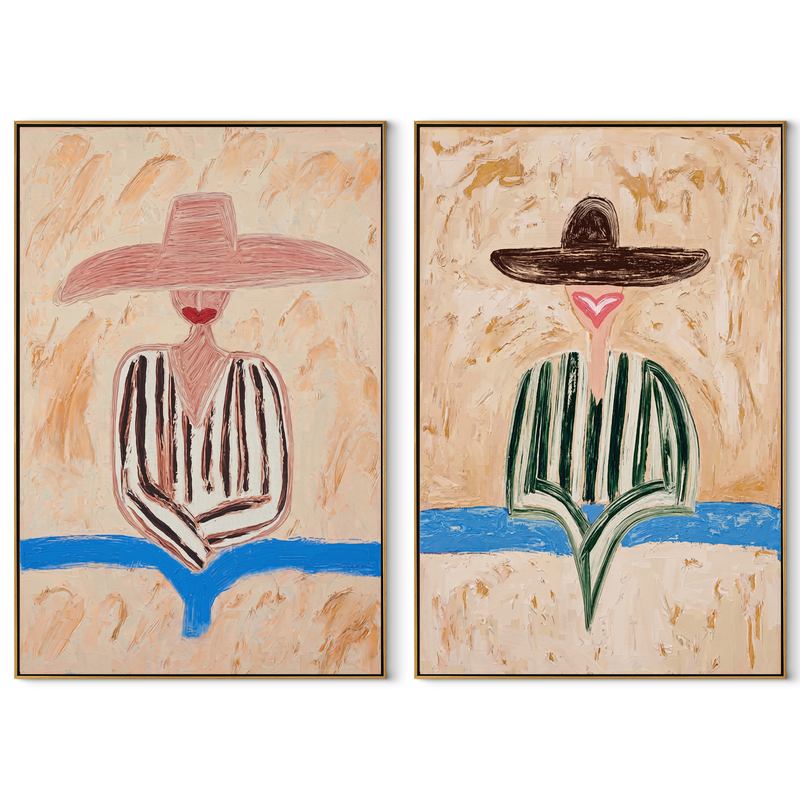 Flower Figures Meet Horizon – pink Western Portrait Diptych Painting | Modern Vintage Americana Set of 2 Wall Art