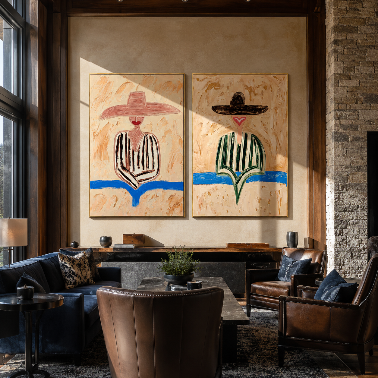 Flower Figures Meet Horizon paired wall art styled above modern furniture