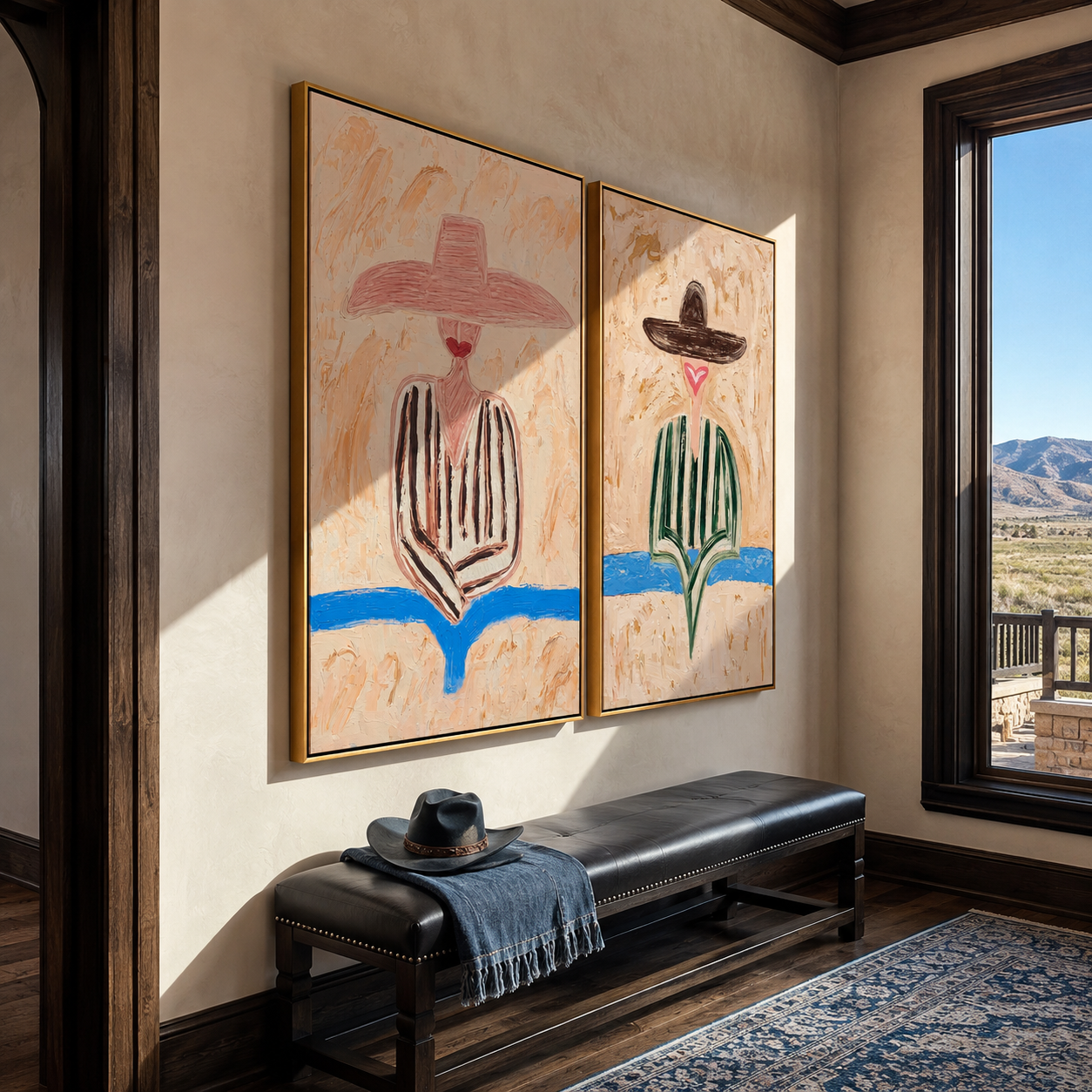 Flower Figures Meet Horizon Vintage Americana diptych in a collected room