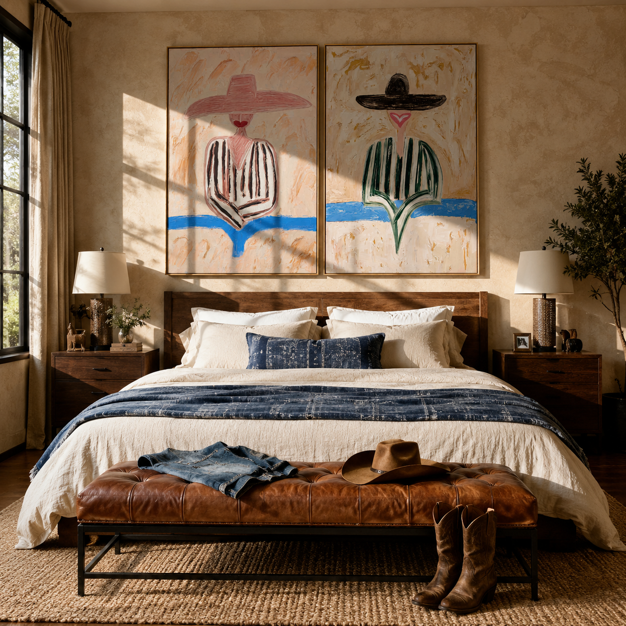 Flower Figures Meet Horizon diptych presented with natural materials and decor