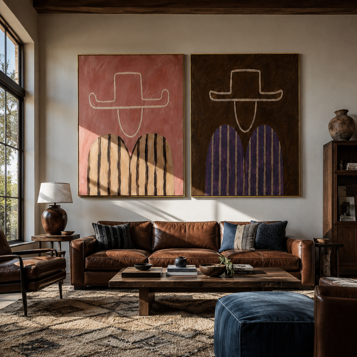 Rose Lines Shape Brims Western diptych displayed in a contemporary interior
