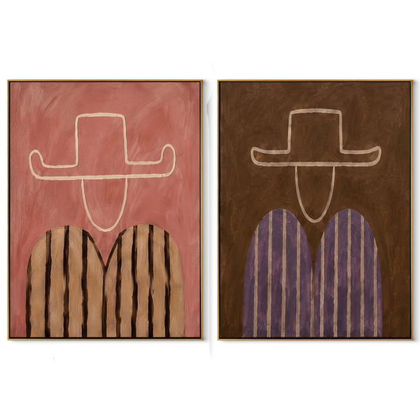 Rose Lines Shape Brims – rose Western Portrait Diptych Painting | Modern Vintage Americana Set of 2 Wall Art