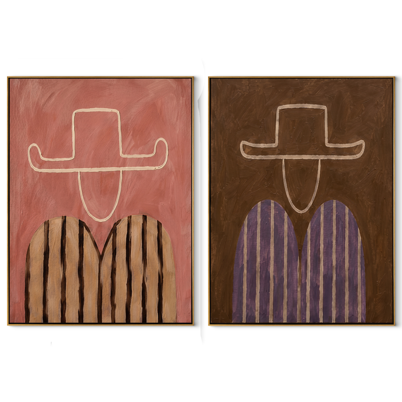 Rose Lines Shape Brims – rose Western Portrait Diptych Painting | Modern Vintage Americana Set of 2 Wall Art
