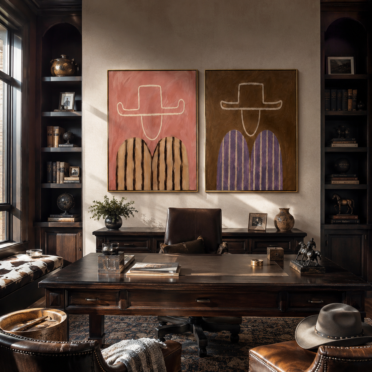 Rose Lines Shape Brims Vintage Americana diptych in a collected room