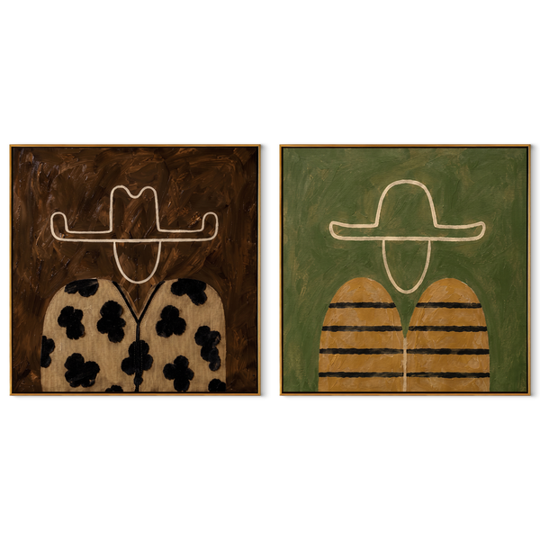 Spots And Stripes Ride – mustard Western Portrait Diptych Painting | Modern Vintage Americana Set of 2 Wall Art