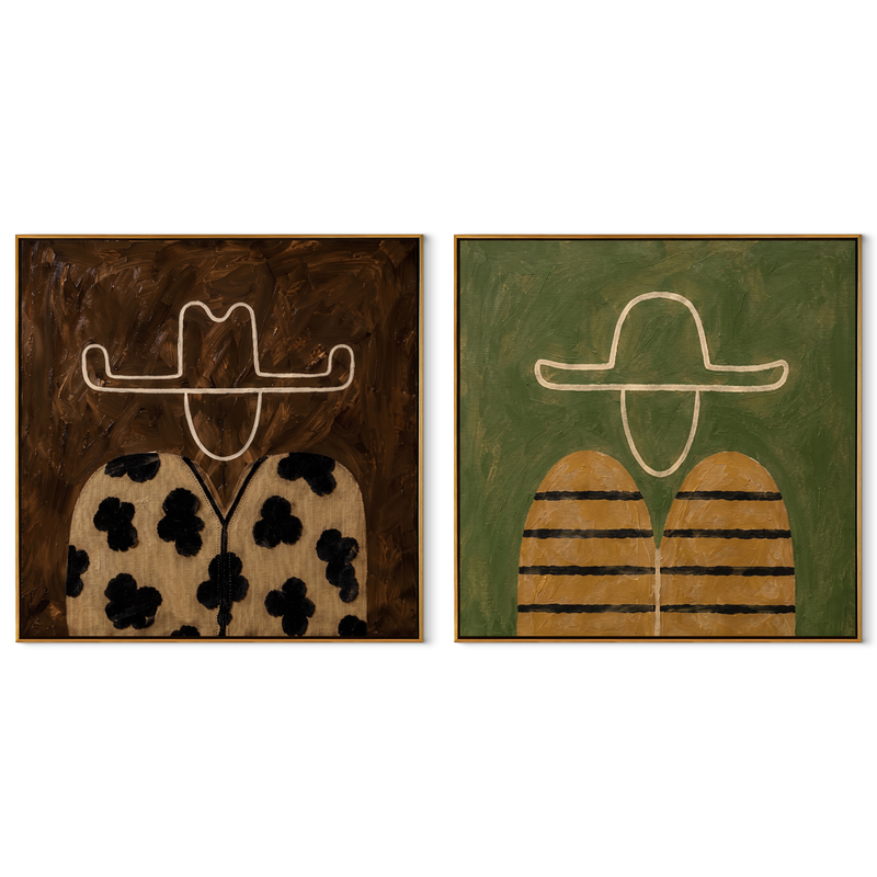 Spots And Stripes Ride – mustard Western Portrait Diptych Painting | Modern Vintage Americana Set of 2 Wall Art