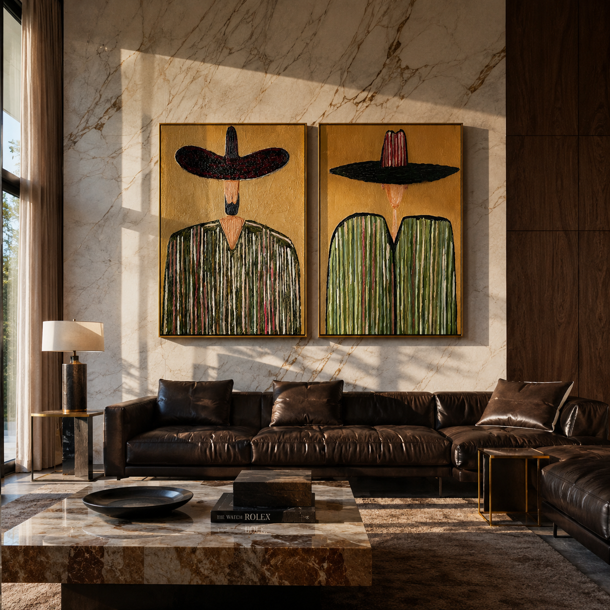 Green Stripes Shade Faces Western diptych displayed in a contemporary interior