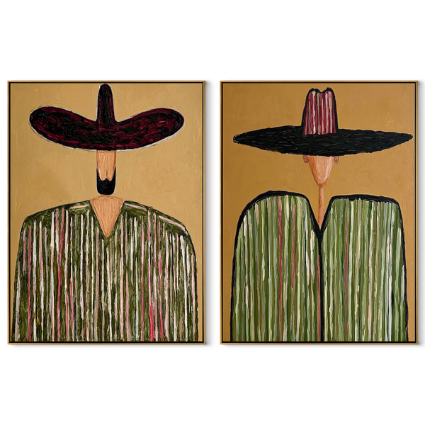 Green Stripes Shade Faces – green Western Portrait Diptych Painting | Modern Vintage Americana Set of 2 Wall Art