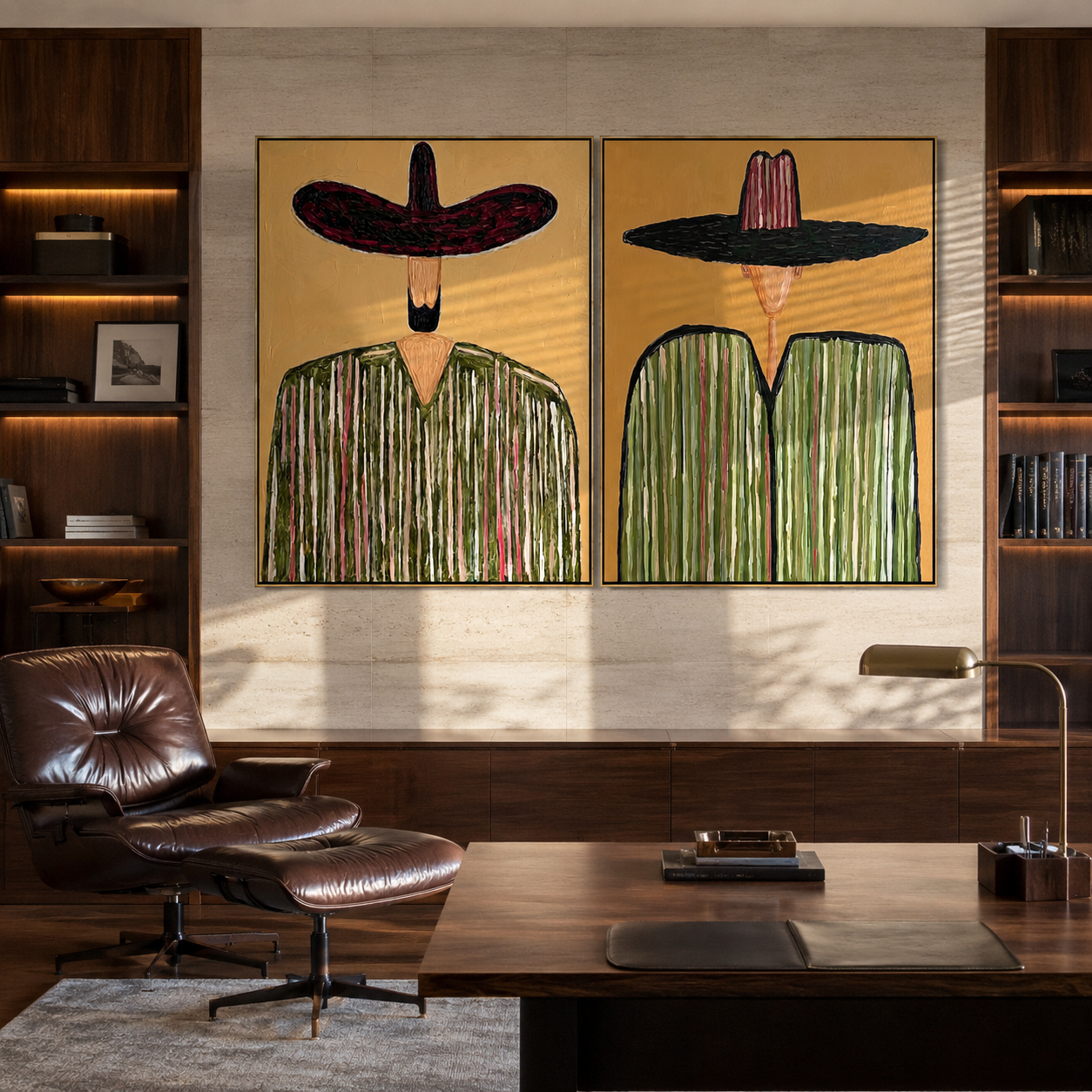 Green Stripes Shade Faces two-panel Western artwork with layered color