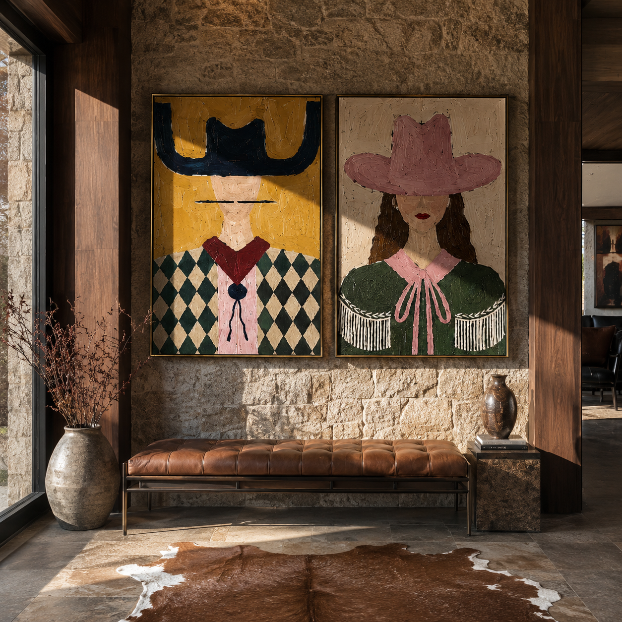 Diamond Brims Change Color Western diptych displayed in a contemporary interior