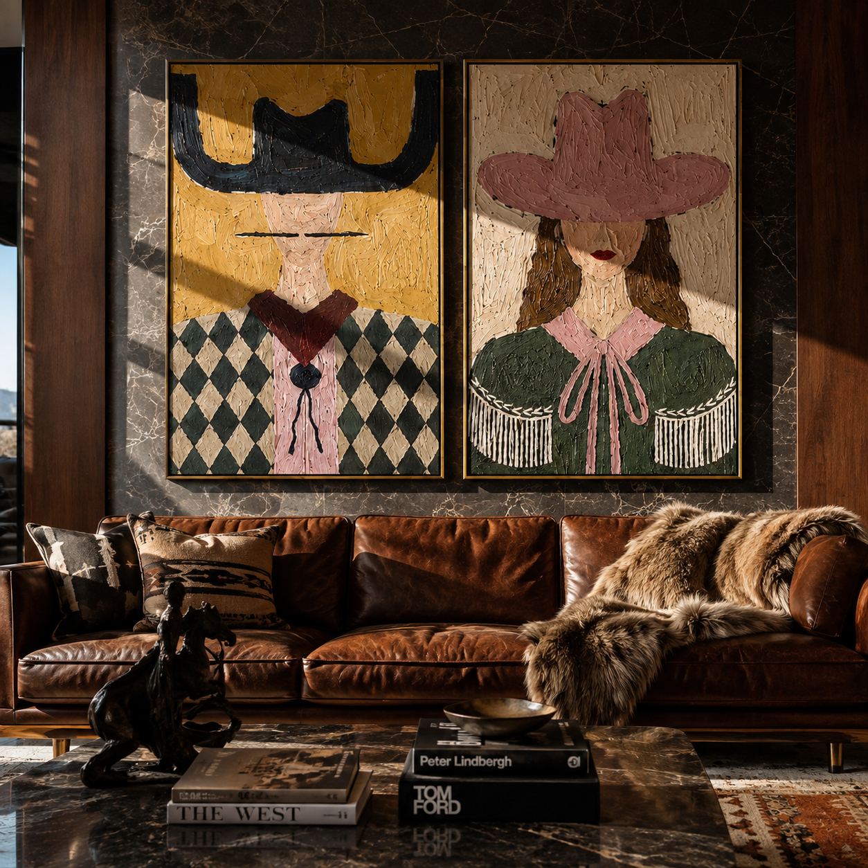 Diamond Brims Change Color two-panel Western artwork with layered color