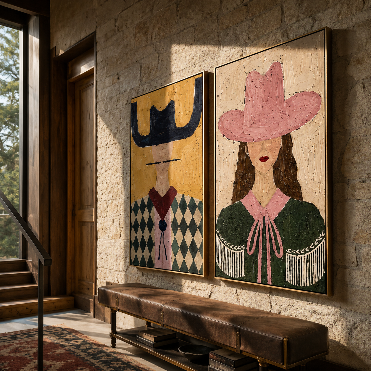 Diamond Brims Change Color diptych presented with natural materials and decor