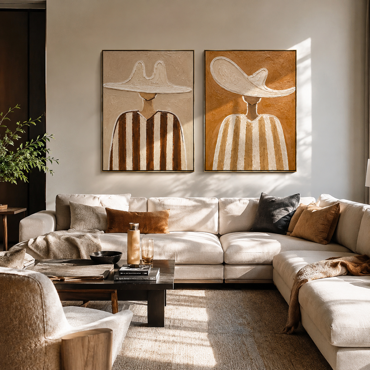Earth Brims Stand Tall paired wall art styled above modern furniture