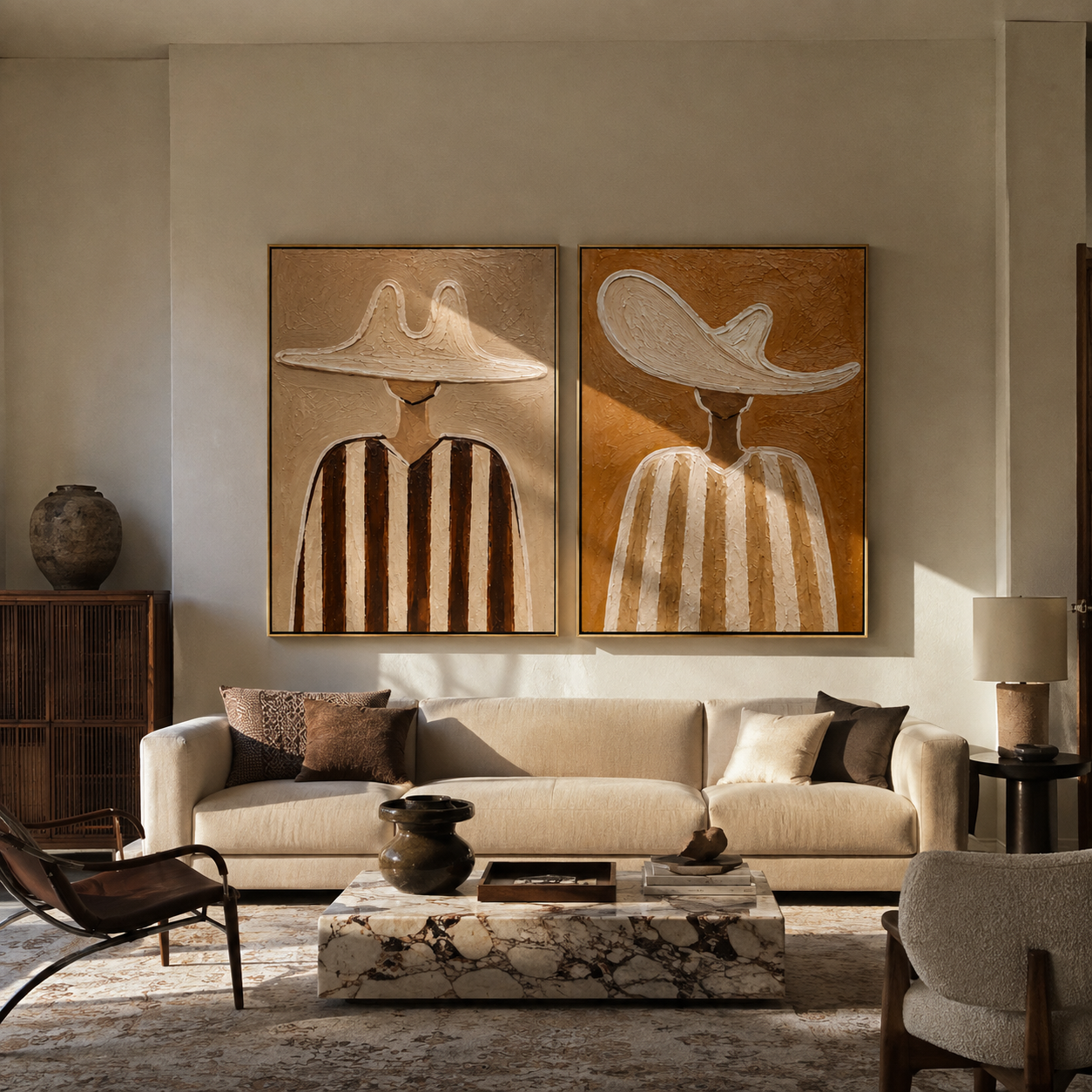 Earth Brims Stand Tall Vintage Americana diptych in a collected room