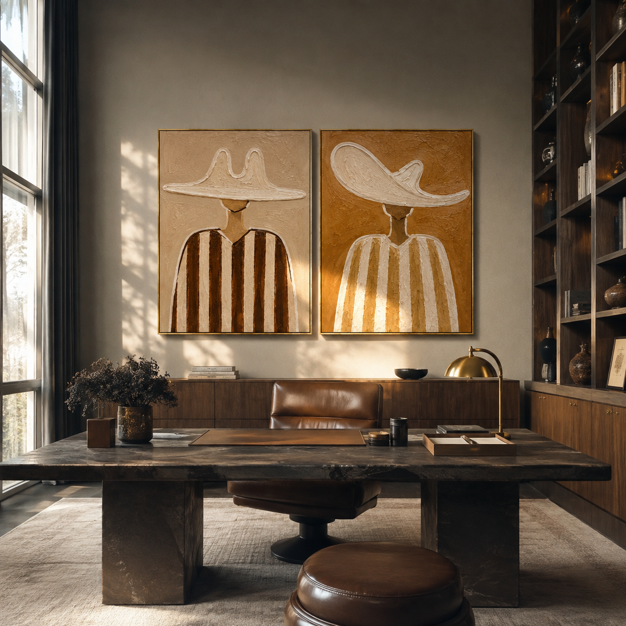 Earth Brims Stand Tall diptych presented with natural materials and decor