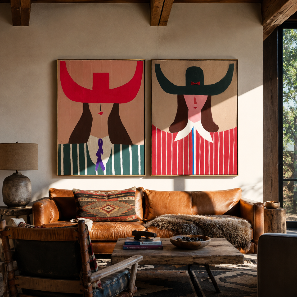 Pop Cowgirls Wear Scarlet Western diptych displayed in a contemporary interior