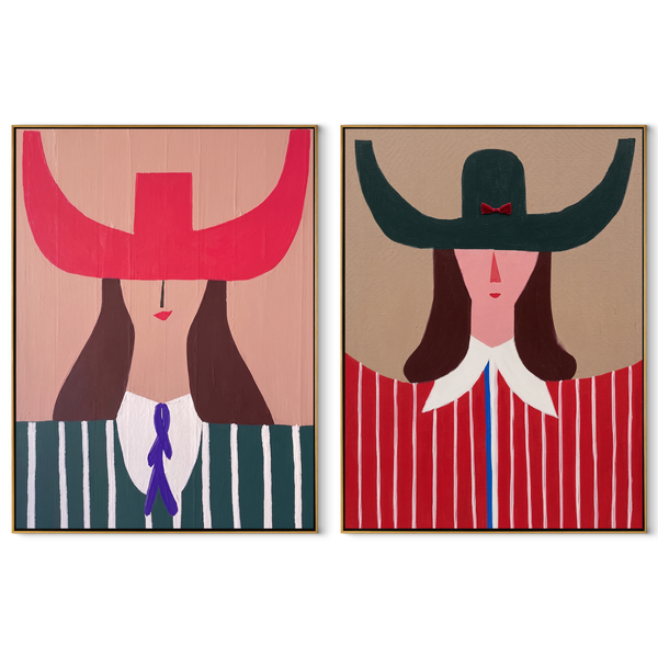 Pop Cowgirls Wear Scarlet – pink Western Portrait Diptych Painting | Modern Vintage Americana Set of 2 Wall Art