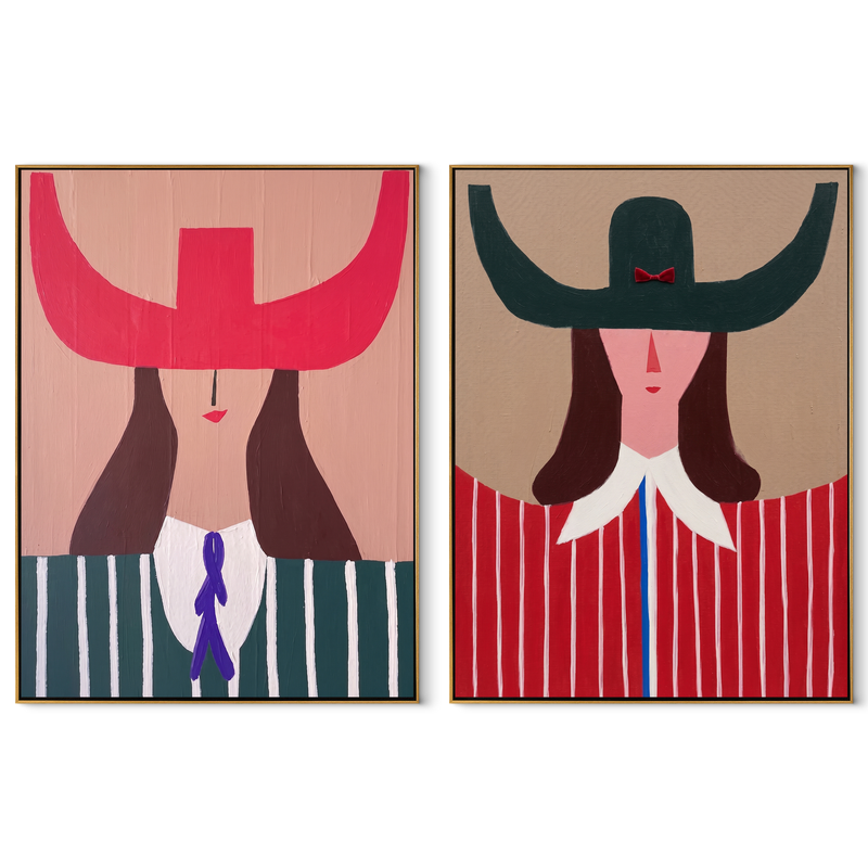 Pop Cowgirls Wear Scarlet – pink Western Portrait Diptych Painting | Modern Vintage Americana Set of 2 Wall Art