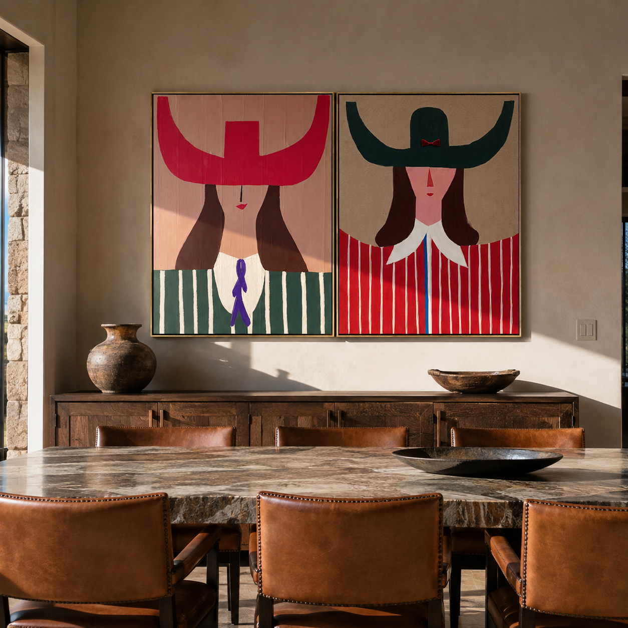Pop Cowgirls Wear Scarlet paired wall art styled above modern furniture