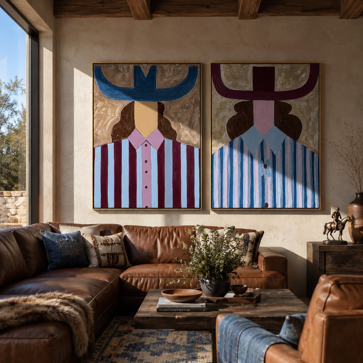 Violet Stripes Meet Blue Western diptych displayed in a contemporary interior