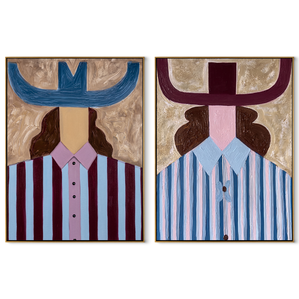 Violet Stripes Meet Blue – blue Western Portrait Diptych Painting | Modern Vintage Americana Set of 2 Wall Art