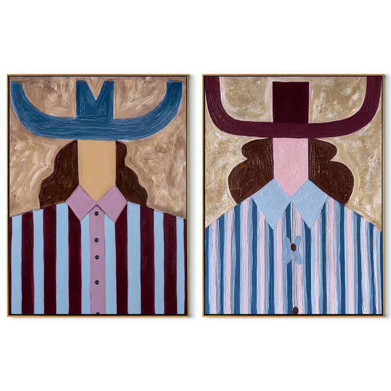 Violet Stripes Meet Blue – blue Western Portrait Diptych Painting | Modern Vintage Americana Set of 2 Wall Art