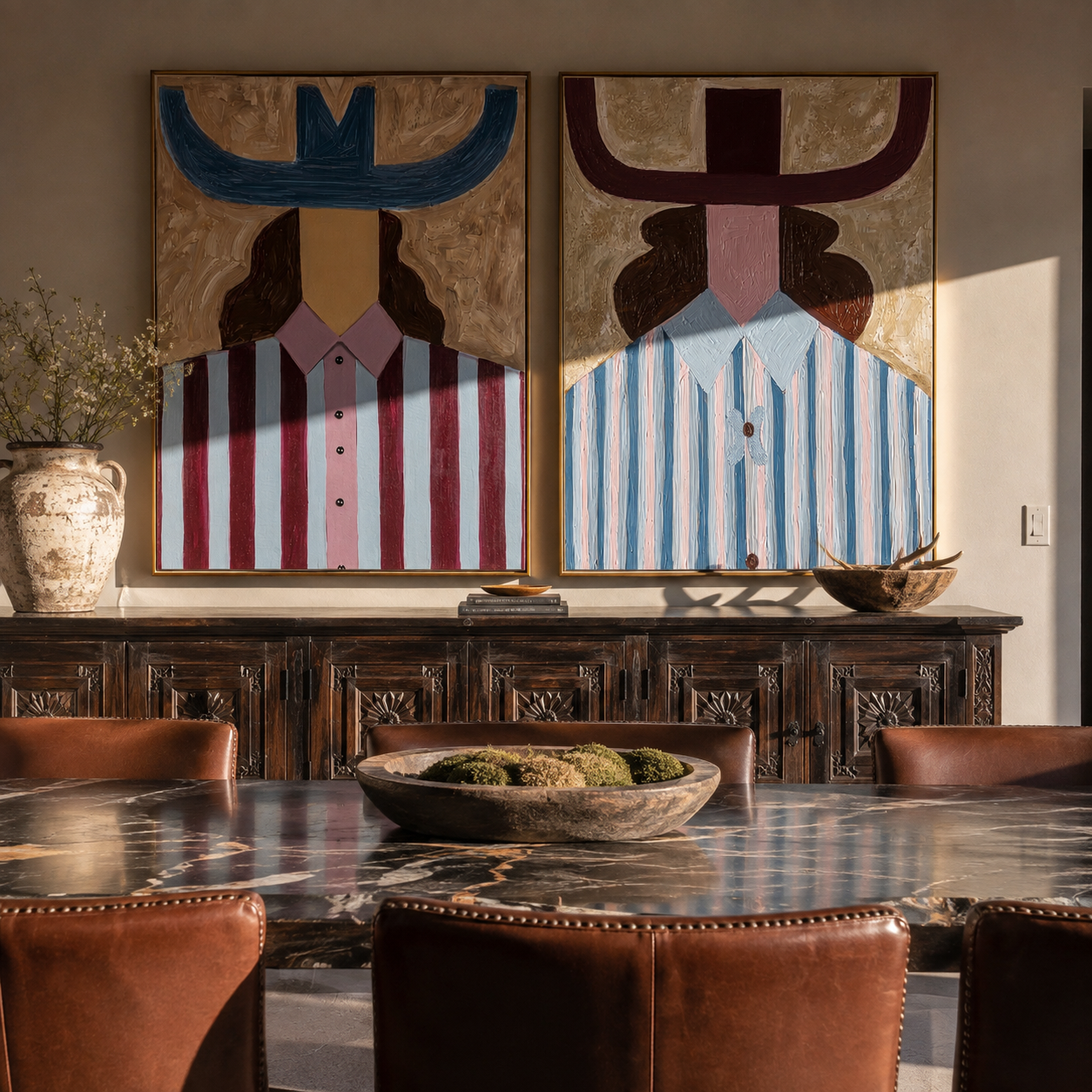 Violet Stripes Meet Blue paired wall art styled above modern furniture