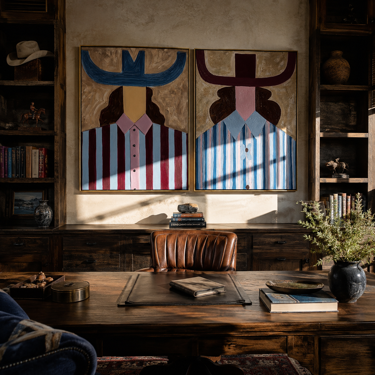 Violet Stripes Meet Blue Vintage Americana diptych in a collected room