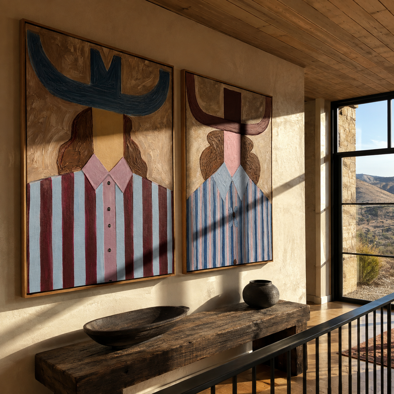 Violet Stripes Meet Blue diptych presented with natural materials and decor