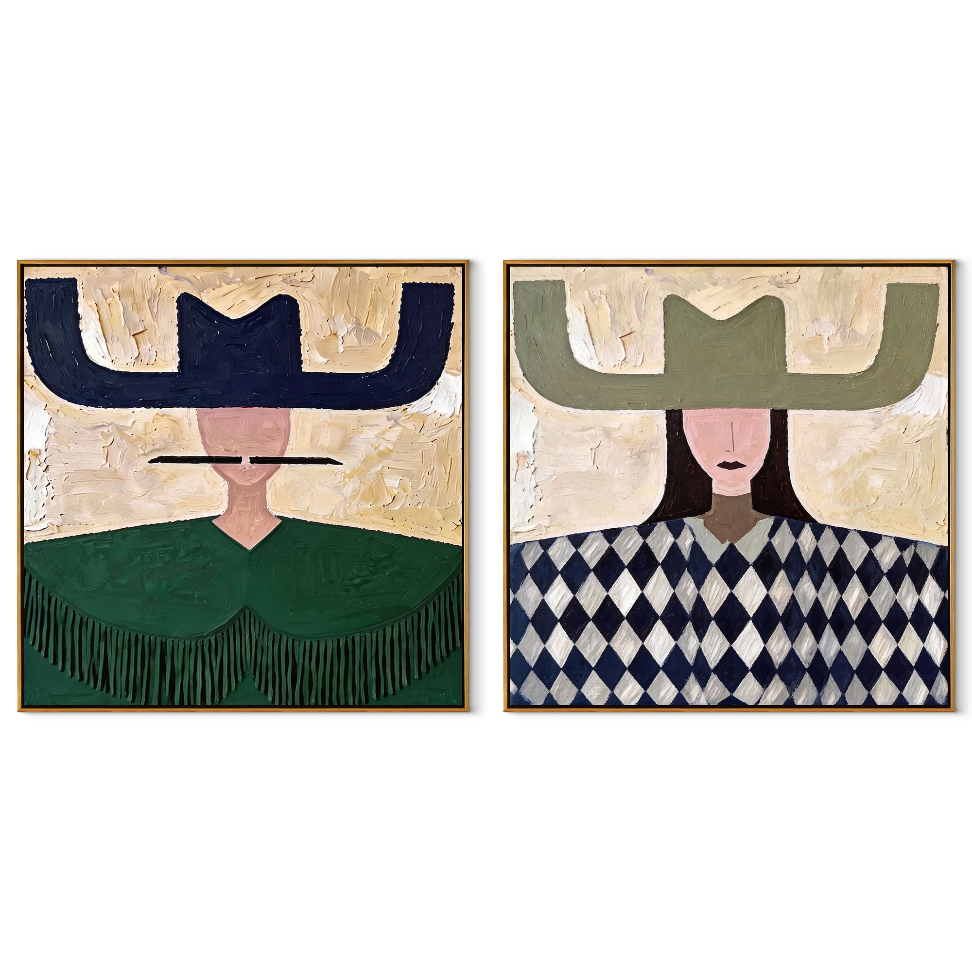 Green Fringe Frames Diamonds set of two square canvas artworks on white