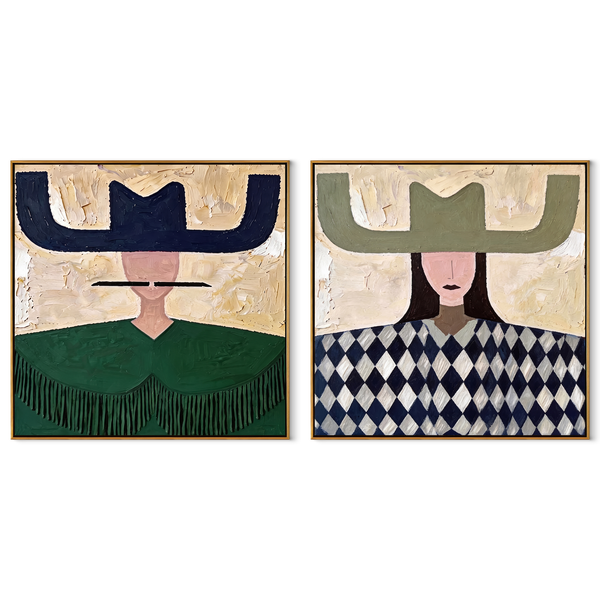 Green Fringe Frames Diamonds – green Western Portrait Diptych Painting | Modern Vintage Americana Set of 2 Wall Art