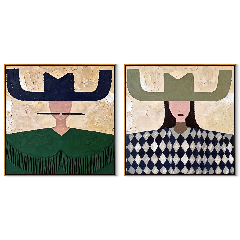 Green Fringe Frames Diamonds – green Western Portrait Diptych Painting | Modern Vintage Americana Set of 2 Wall Art