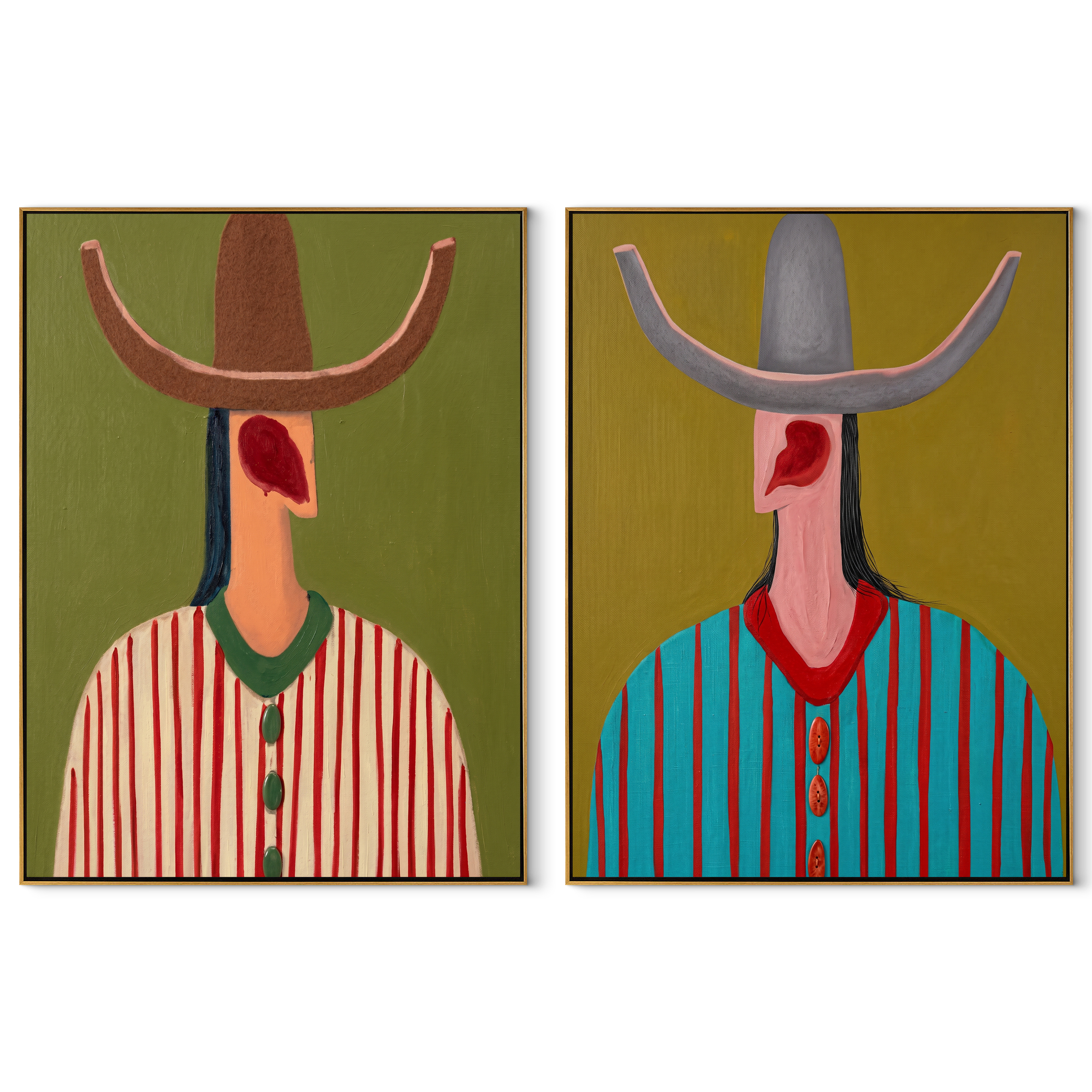 Long Necks Face West set of two vertical canvas artworks on white