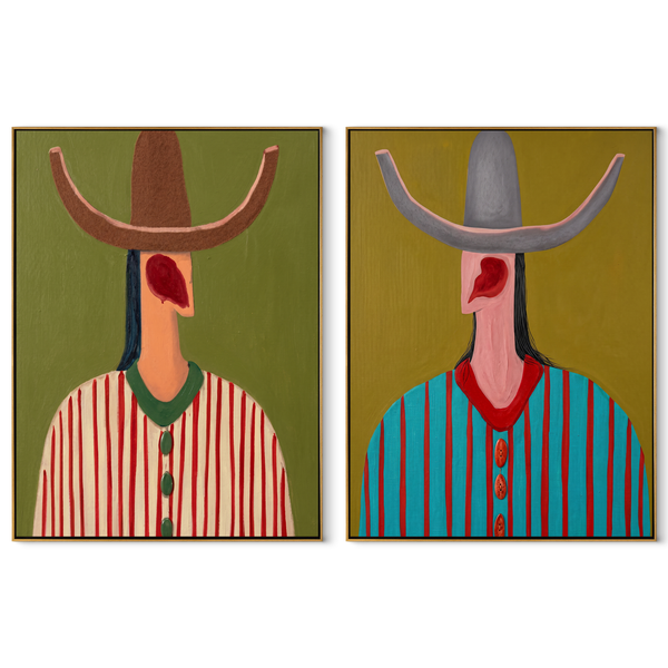 Long Necks Face West – red Western Portrait Diptych Painting | Modern Vintage Americana Set of 2 Wall Art