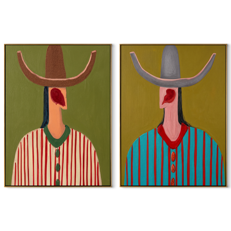 Long Necks Face West – red Western Portrait Diptych Painting | Modern Vintage Americana Set of 2 Wall Art