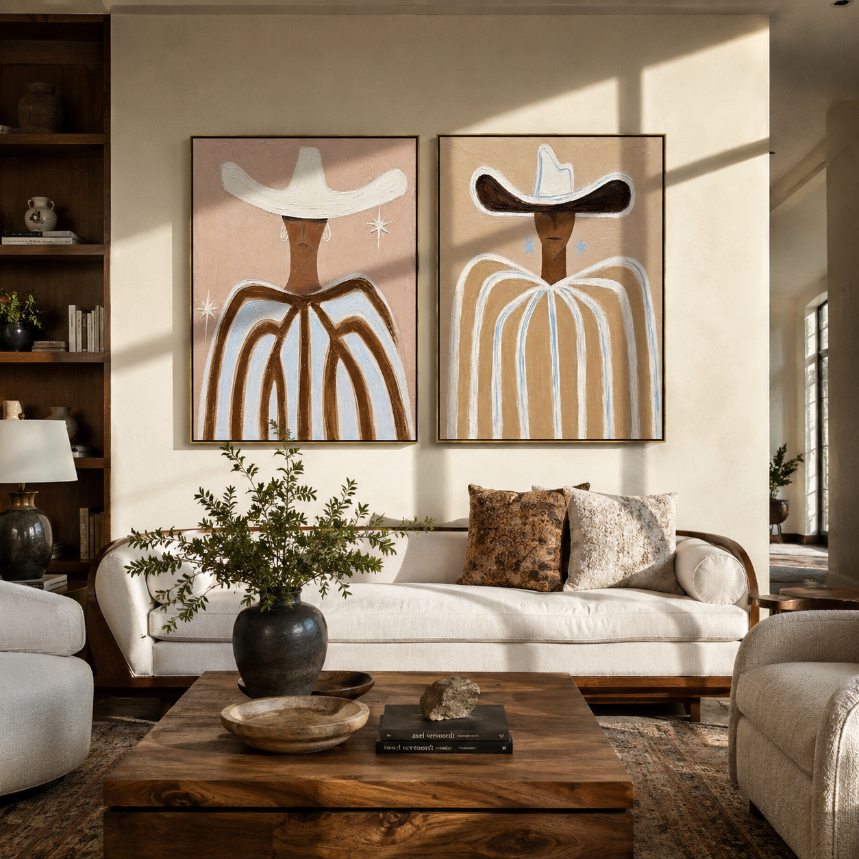 White Lines Hold Dust Western diptych displayed in a contemporary interior