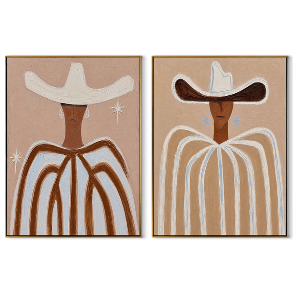 White Lines Hold Dust – cream Western Portrait Diptych Painting | Modern Vintage Americana Set of 2 Wall Art